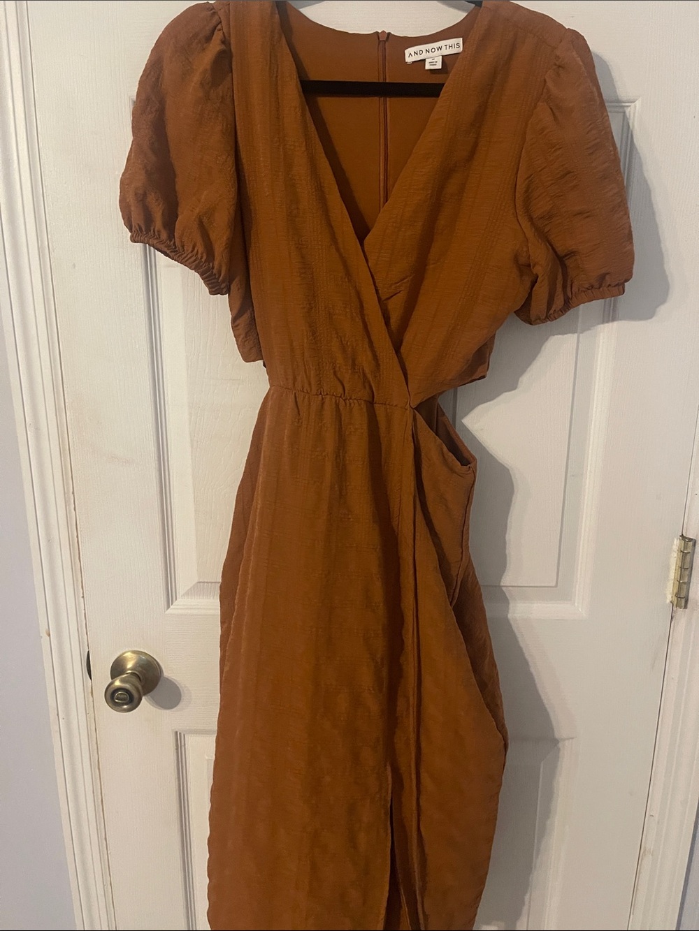 And Now This Puff-Sleeve Wrap Midi Dress in Rust
